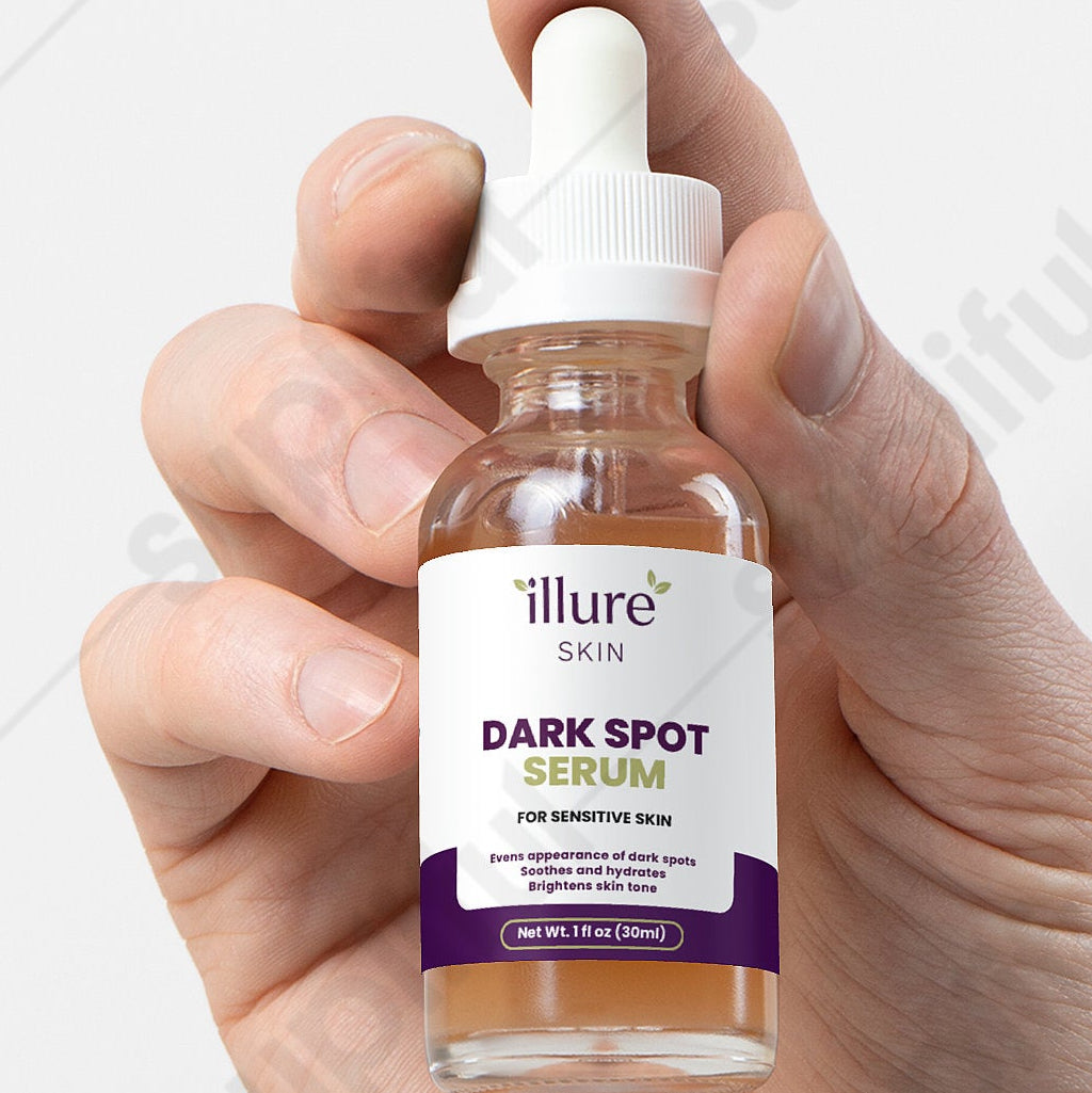 Illure Skin dark spot serum for sensitive skin in a sleek bottle with a dropper, set against a neutral background.