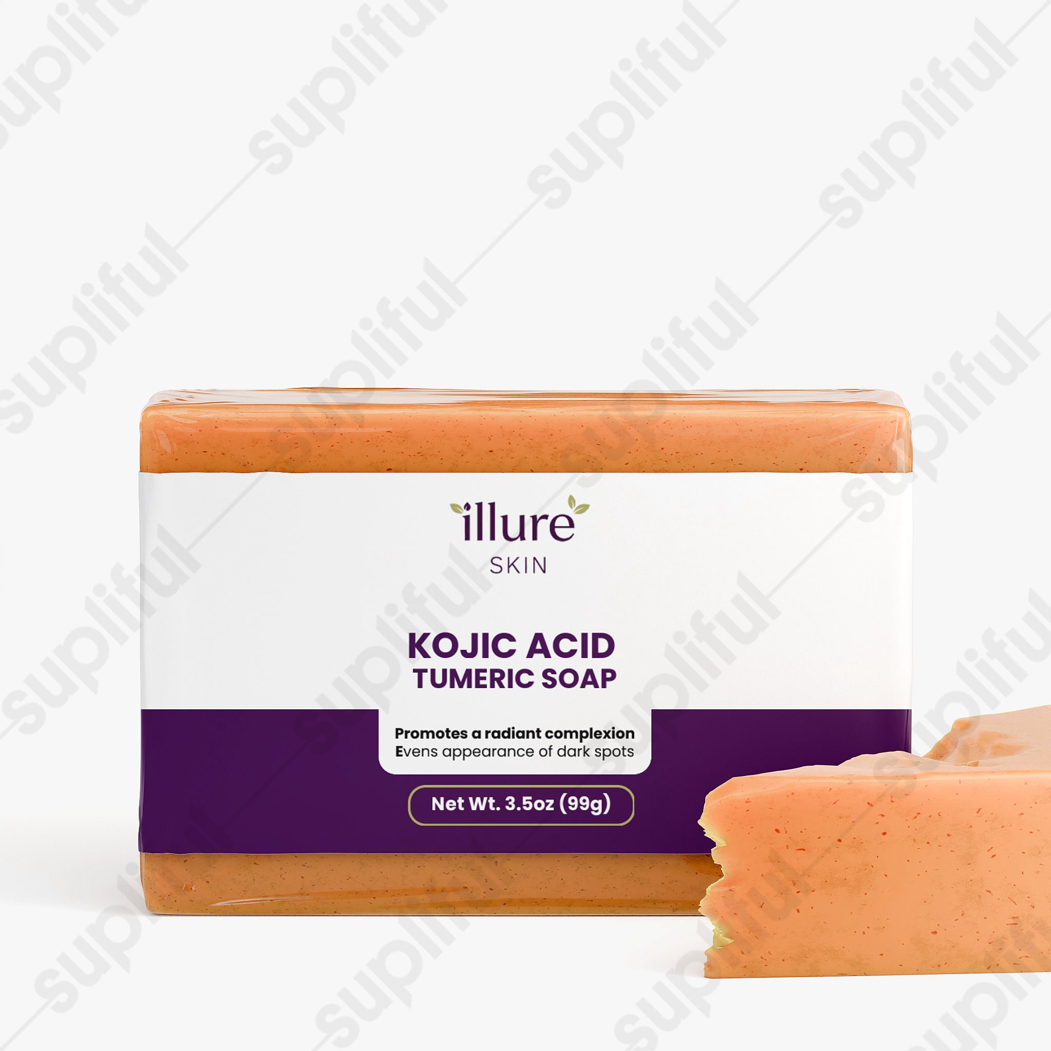 Kojic Acid & Turmeric Soap by Illure Skin, showcasing the bar with vibrant colors and textured surface.
