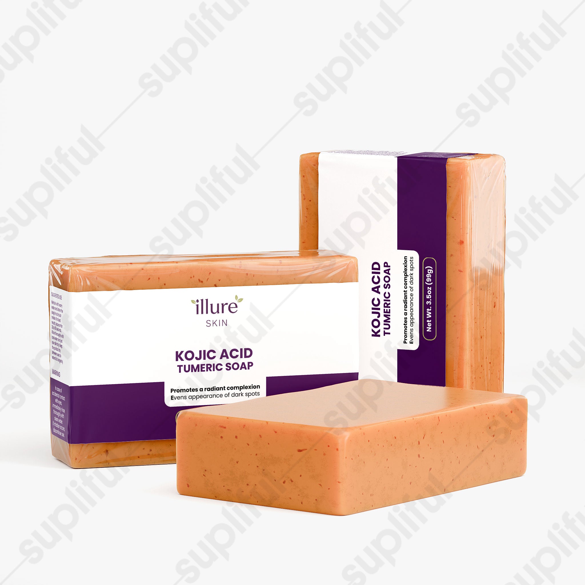 Illure Skin Kojic Acid & Turmeric Soap bar on a wooden background with natural ingredients and a soft texture.