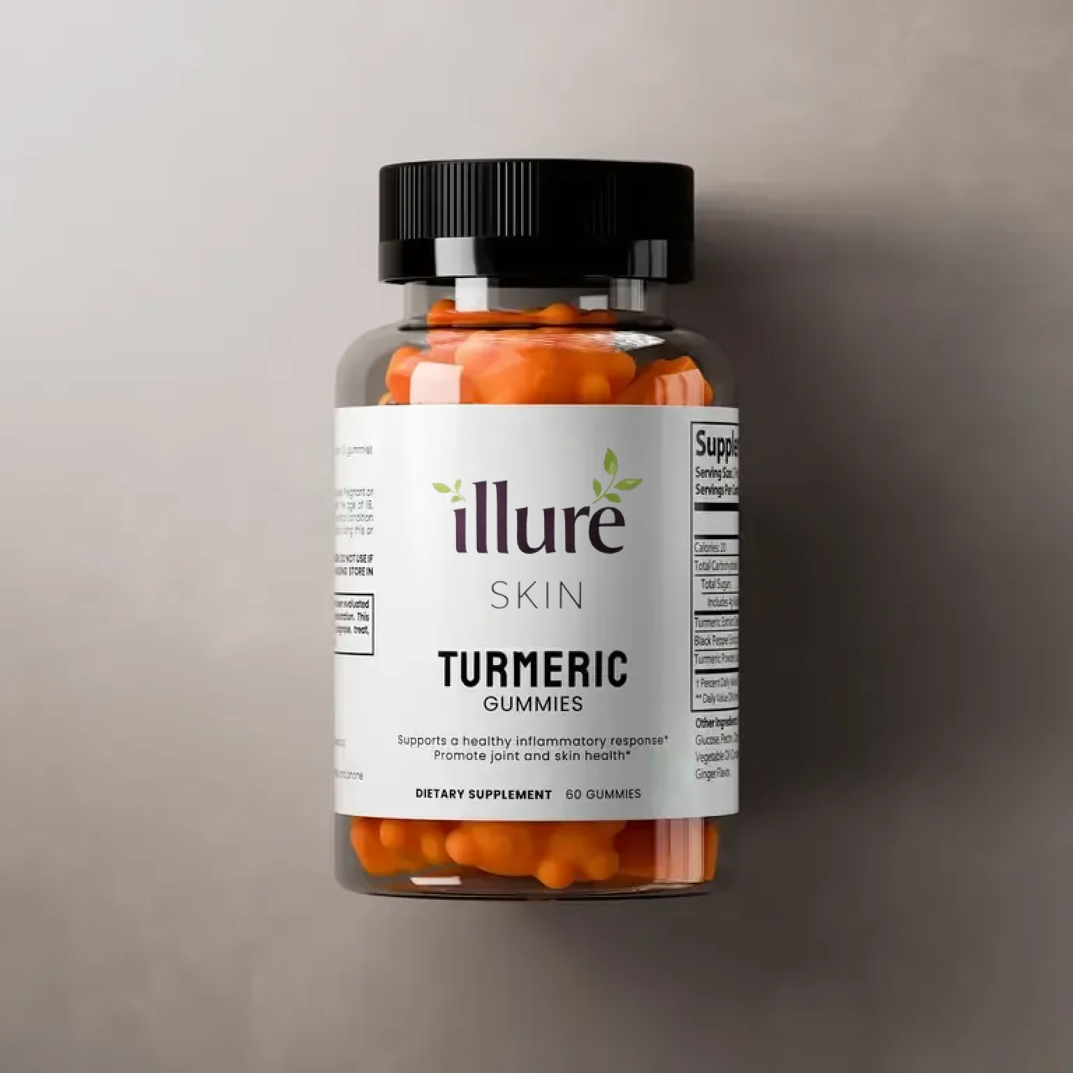 Illure Skin turmeric gummies in a clear bottle, showcasing the bright yellow-orange gummies inside.