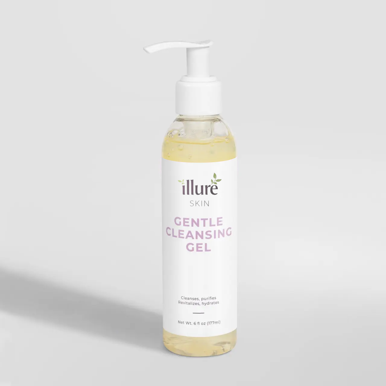Illure Skin Gentle Cleansing Gel in a clear bottle with a pump, featuring a light gel texture and soft branding label.