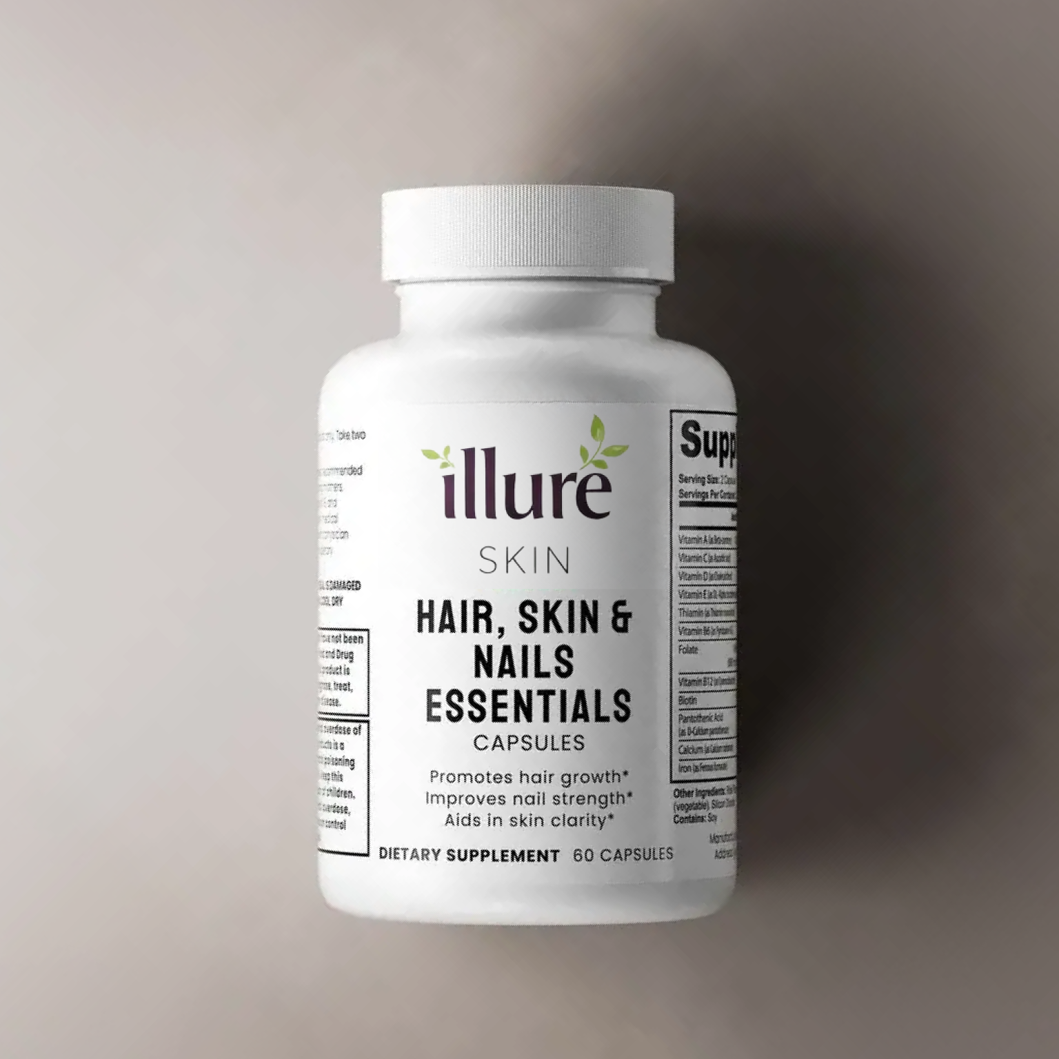 Illure Skin Hair, Skin and Nails Essentials softgel capsules in a bottle with a white background.