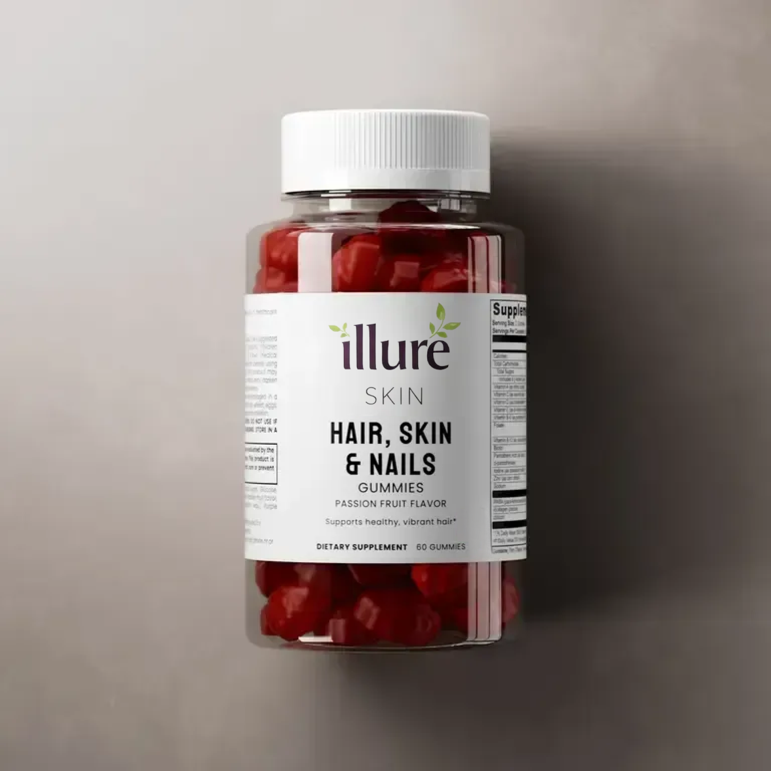 Illure Skin Hair, Skin & Nails Gummies in a colorful bottle with a variety of gummy shapes and sizes.