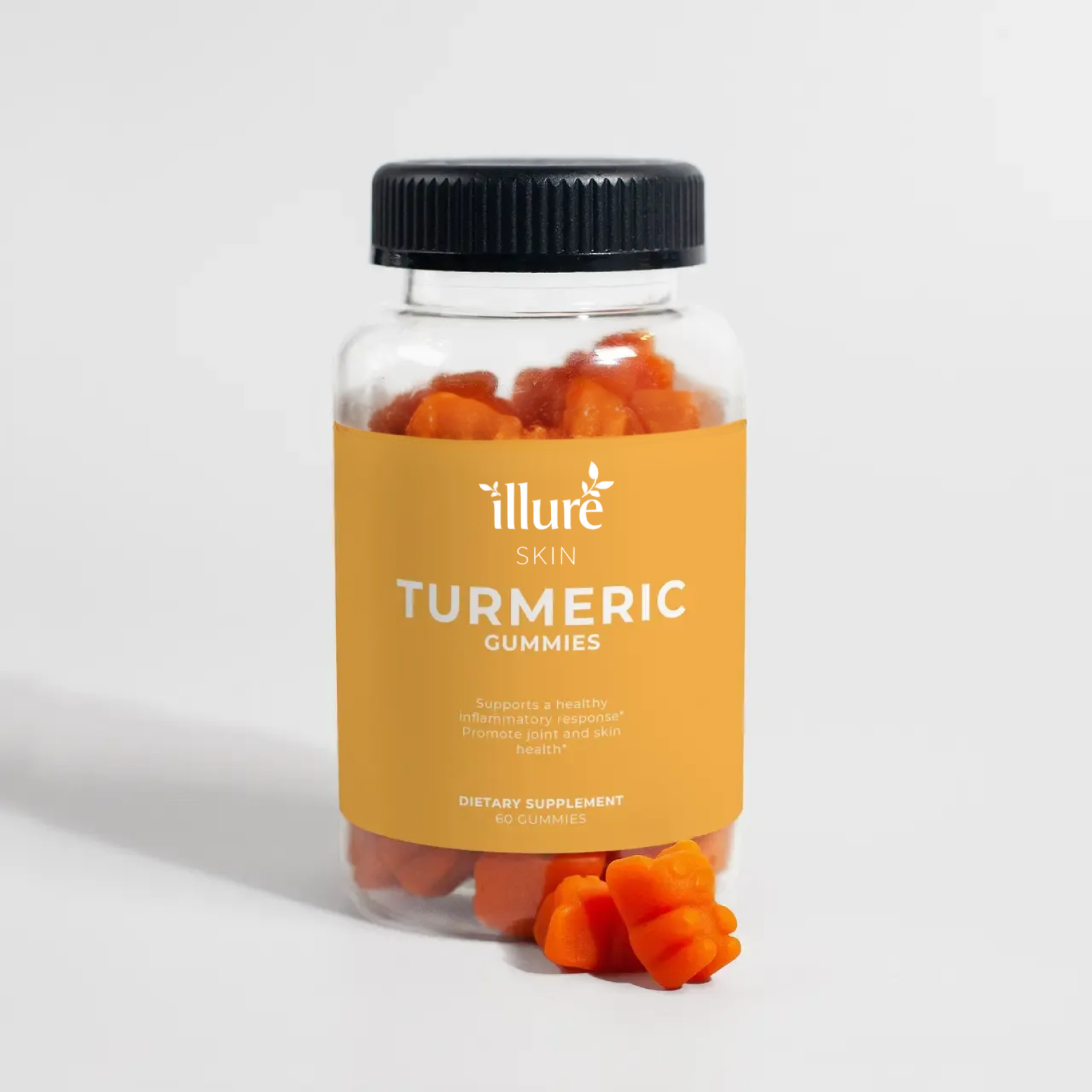 Turmeric gummies by Illure Skin in a clear jar with a vibrant yellow color and herbal details on the label.