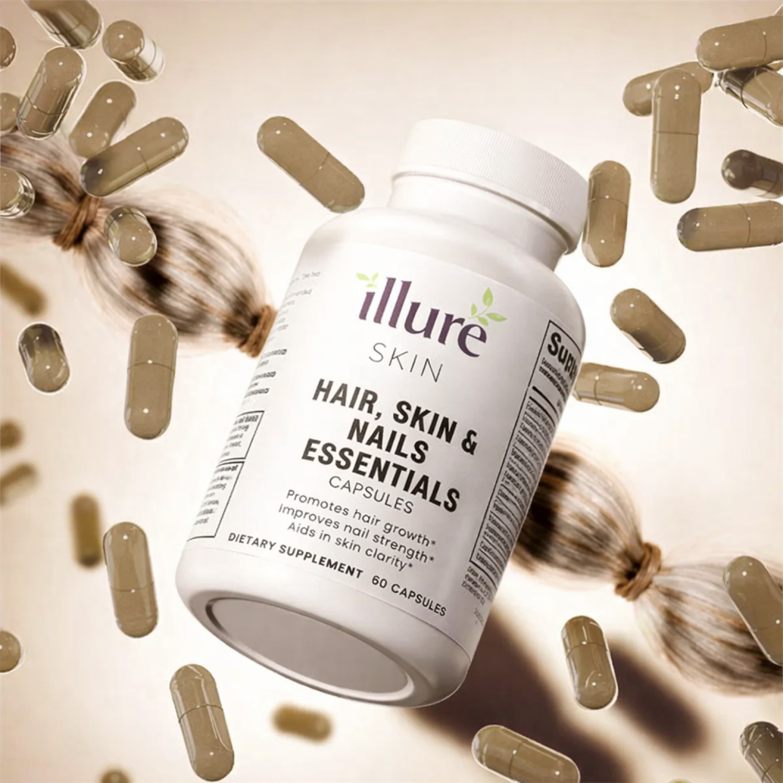 Illure Skin Hair, Skin and Nails Essentials supplement bottle with capsules visible on a wooden surface.