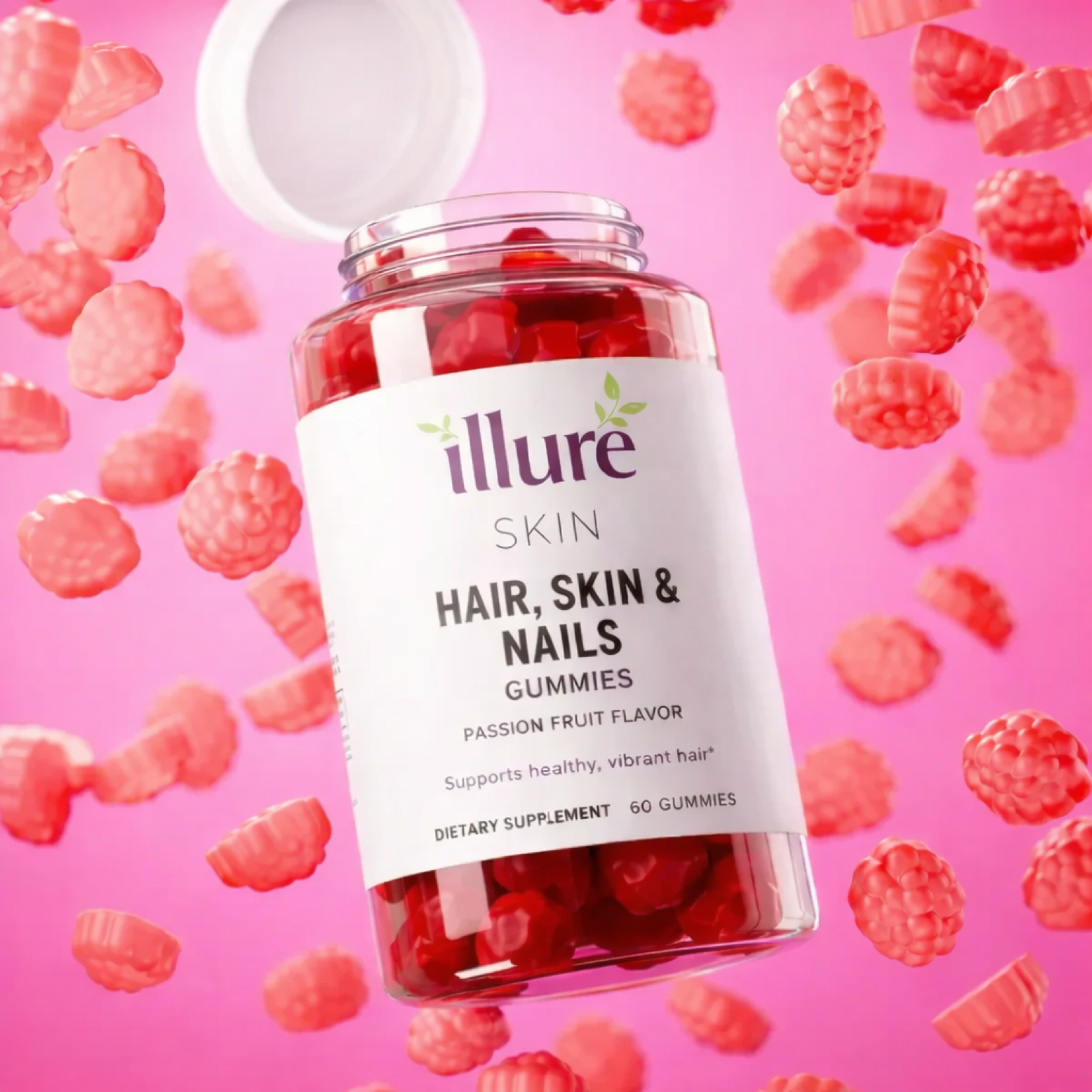 Illure Skin Hair, Skin & Nails Gummies in a colorful bottle with gummies visible on a white background.