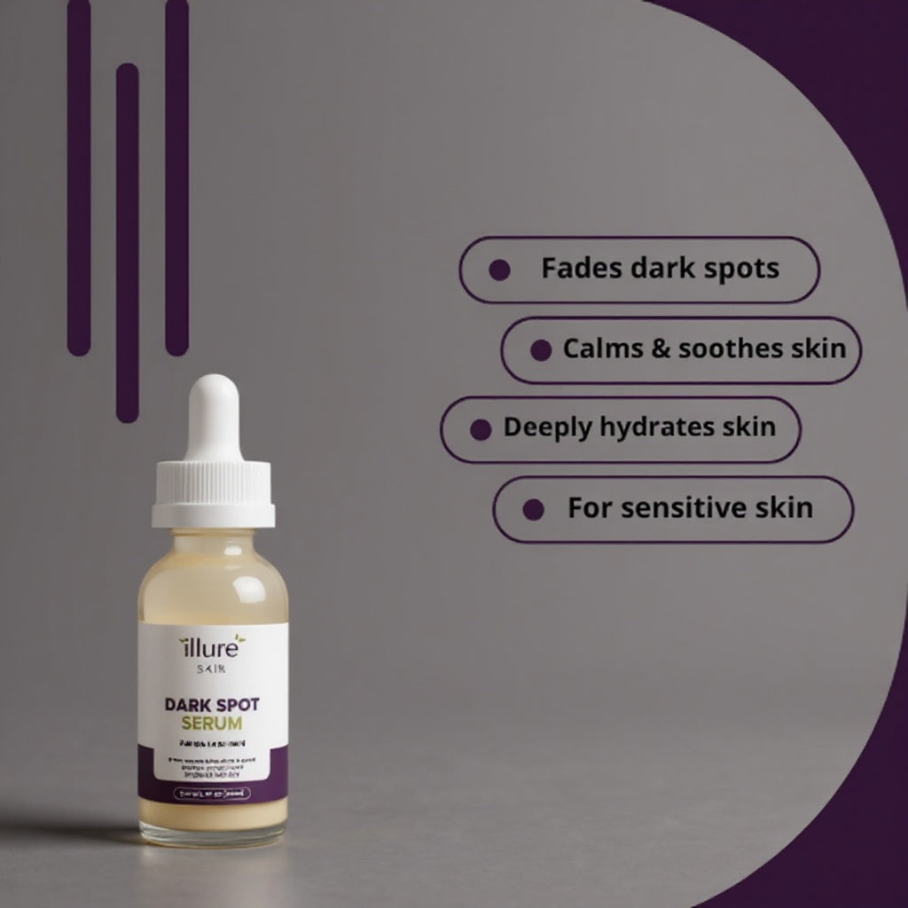Dark Spot Serum for Sensitive Skin by Illure Skin in a sleek bottle with a dropper, set against a neutral background.