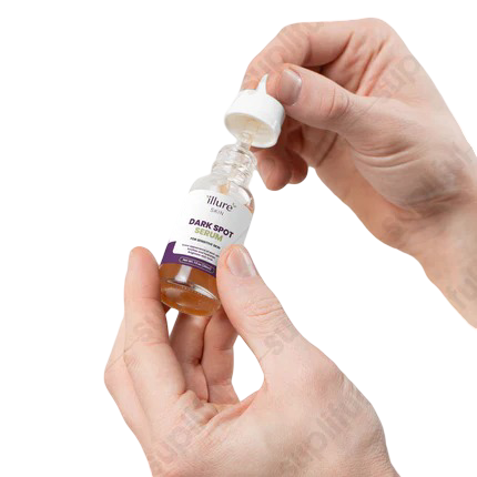 Illure Skin Dark Spot Serum for Sensitive Skin in a dropper bottle on a neutral background.
