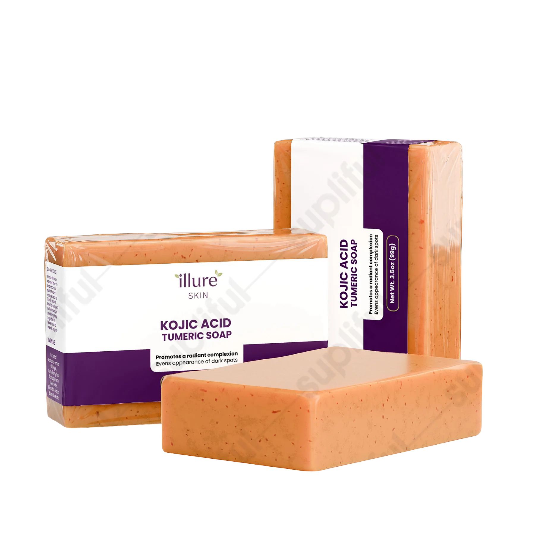 Illure Skin Kojic Acid & Turmeric Soap bar on a white background, showcasing its natural ingredients and texture.