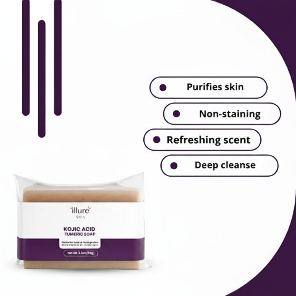 Kojic Acid & Turmeric Soap by Illure Skin, showcasing a bar of soap with a textured surface and natural color variations.